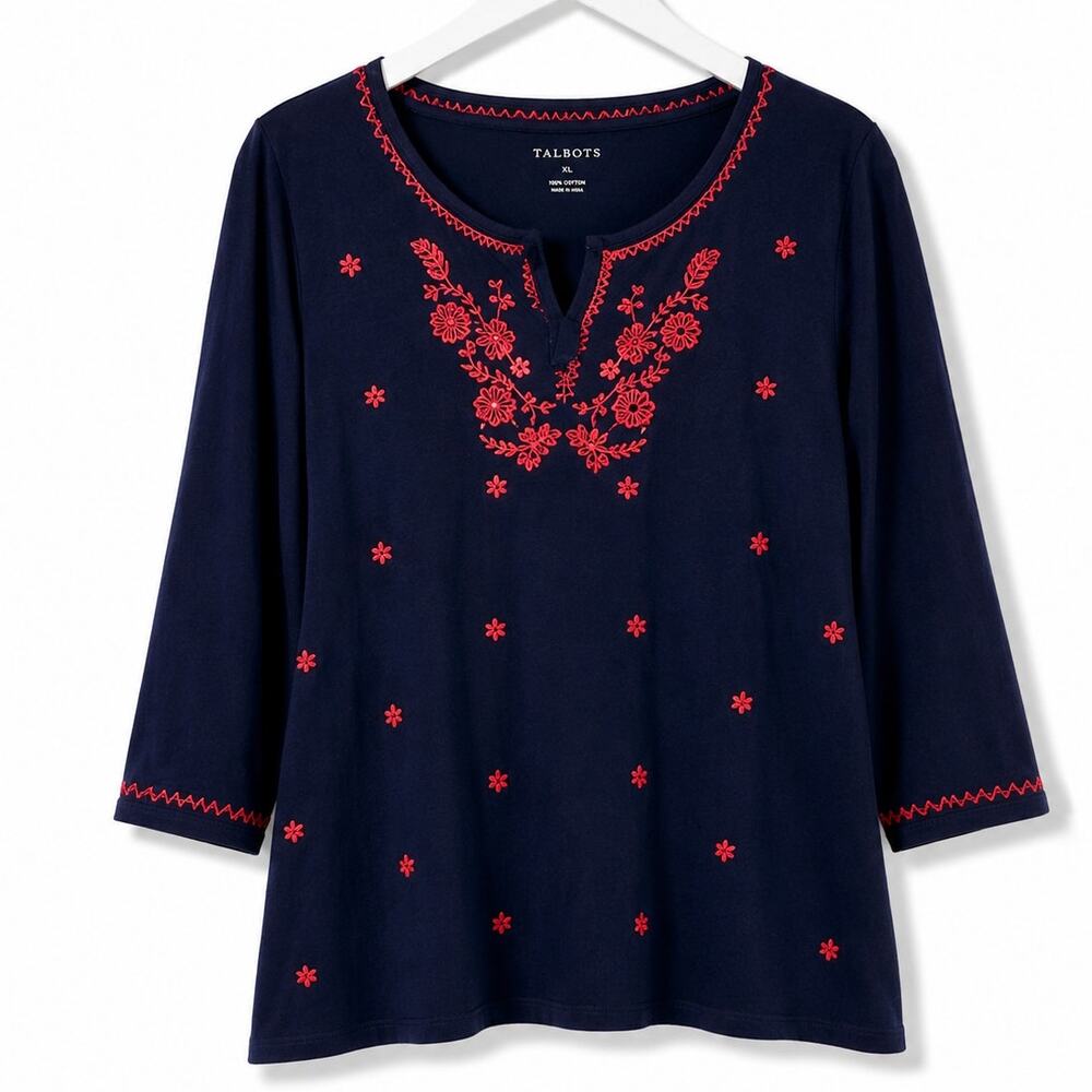 Talbots Size XL Navy Red Embroidered Cotton Knit 3/4 Sleeve Boho Top Floral